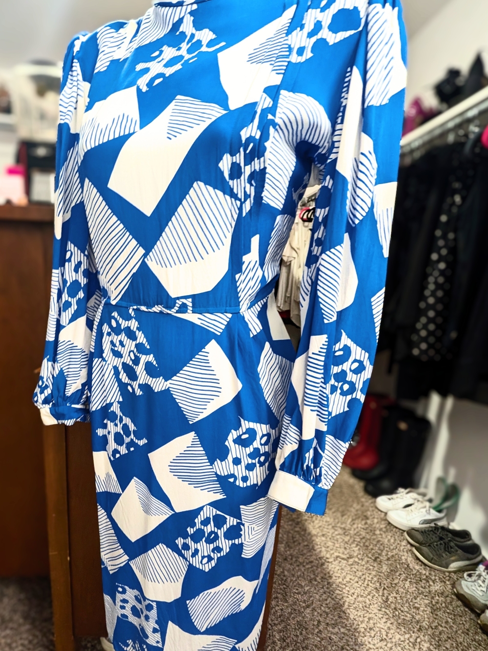 Vintage Silk Bold Blue & White Long Sleeve Geometric Dress